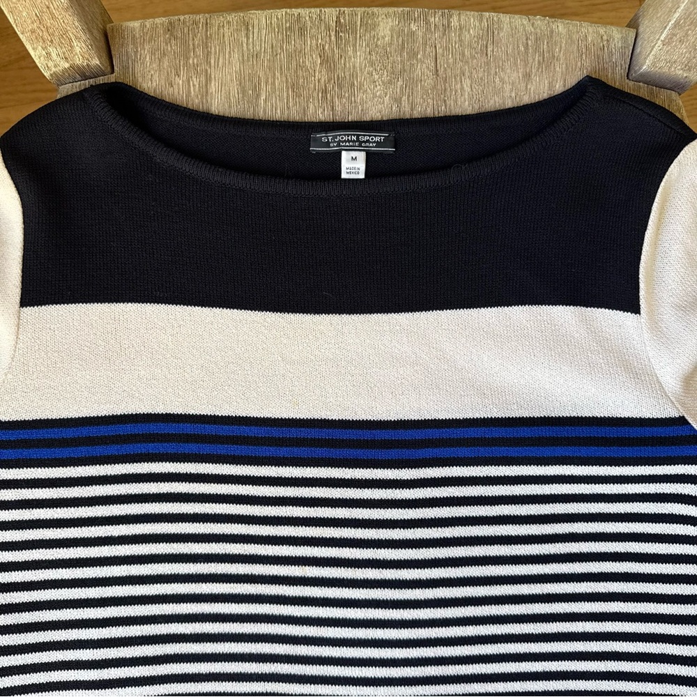 St. John Sport Marie Gray Sweater M Striped Knit Boat Neck Blue Black Cream